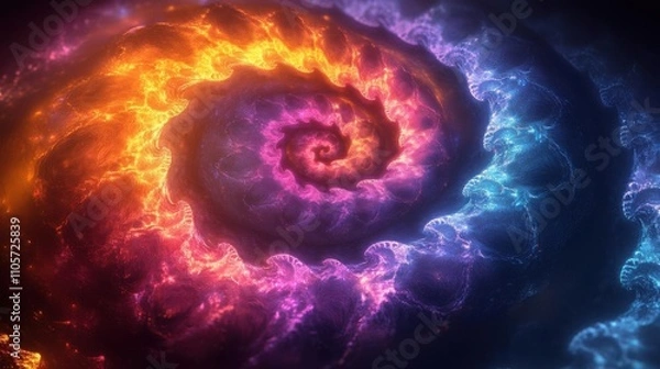 Fototapeta Radiant fractal spirals with dynamic glowing pathways, soft shadow effects, and vibrant color gradients