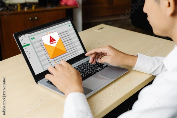 Fototapeta Cyber attacking concept. Malware alert showing on computer screen display scam and threat detection on computer system or online server to be removed snugly.