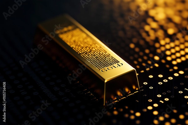 Fototapeta Gold bar with binary code engraved on it, cryptocurrency concept