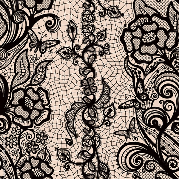 Fototapeta Abstract seamless lace pattern with flowers and butterflies