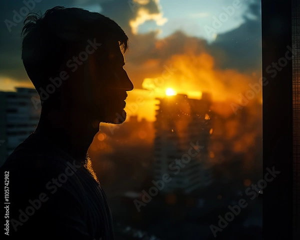 Fototapeta Silhouette of man against sunset, capturing moment of reflection and tranquility. warm colors of sunset create serene atmosphere
