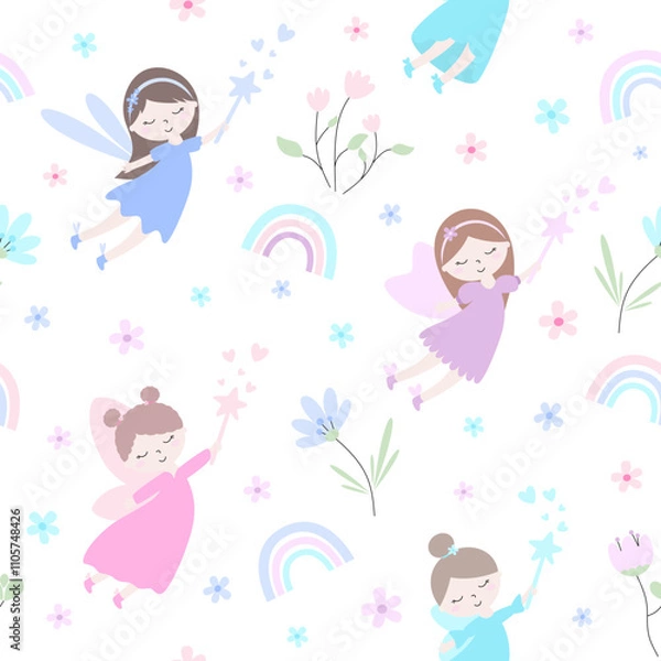 Fototapeta seamless pattern with fairies, rainbow and flowers