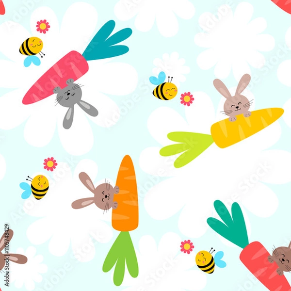 Fototapeta cute seamless pattern, bunnies with carrots