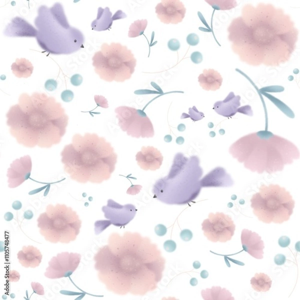 Fototapeta seamless pattern with watercolor flowers and birds