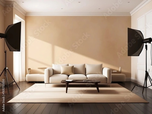 Obraz Modern Living Room with White Sofa and Two Studio Lights