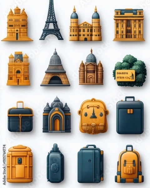 Obraz A set of various random travel icons in full detail, isolated on a transparent background The collection includes a variety of suitcases, landmarks, and tickets, each with vivid colors and textures 