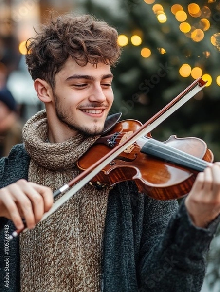 Fototapeta Cheerful smiling young guy playing the violin on the street