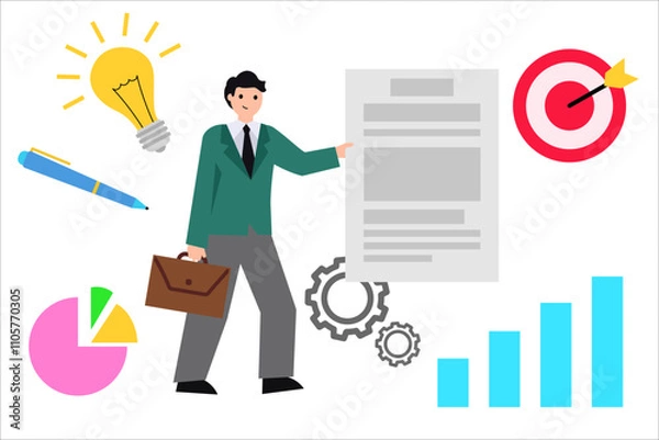 Fototapeta Businessman with document and ideas. Vector simple color flat illustration.