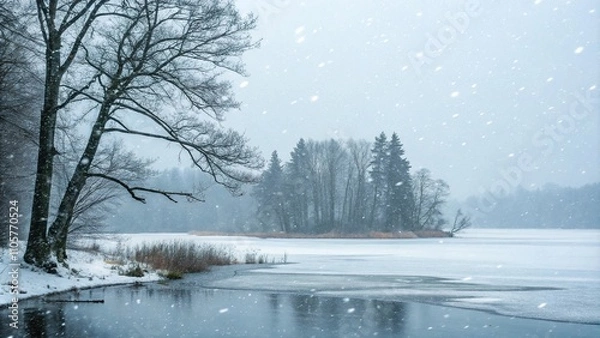 Obraz A tranquil frozen lake with a few hardy trees and some scattered snowflakes in the air, frosty landscape, frozen lake