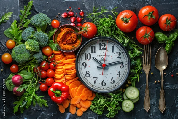 Fototapeta a variety of fresh vegetables arranged around a wall clock.  