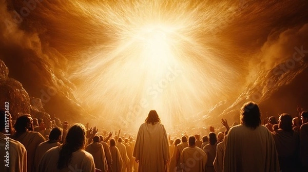 Fototapeta Jesus with his disciples praying against a backdrop of bright light streaming from heaven
