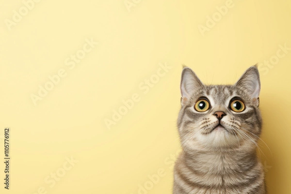 Fototapeta amazed fluffy gray cat, A curious grey cat gazes upwards against a soft yellow background, showcasing its adorable facial expression.