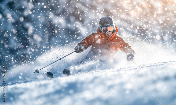 Fototapeta Man in ski-wear skiing on the snow in mountains. Winter holidays and weekend concept.