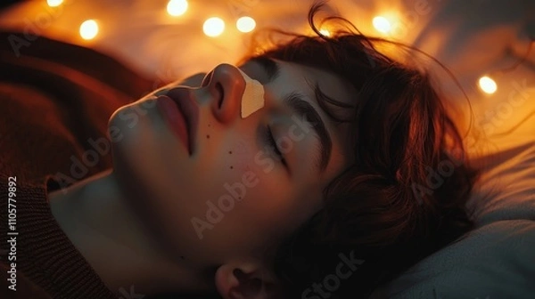 Fototapeta Relaxing person practices nasal breathing with taped lips