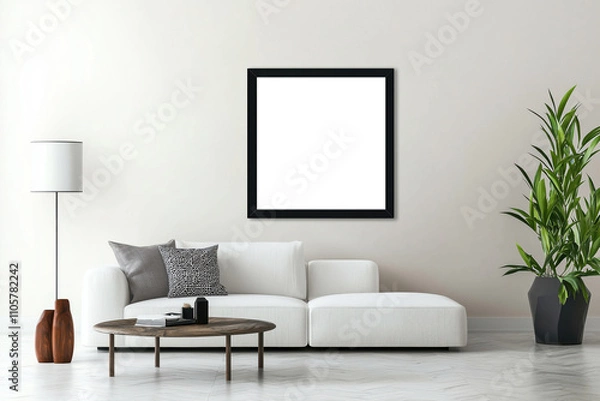 Fototapeta Modern Living Room Mockup: Square Black Frame on White Wall above a White Sofa 
