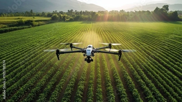 Fototapeta Smart farmer utilizing drones for field research, land scanning, and advanced technology in agriculture for innovation and efficiency.