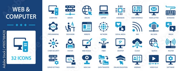 Obraz Internet and computer flat icons collection. Internet, web page and computer for viewing, using and creating them.