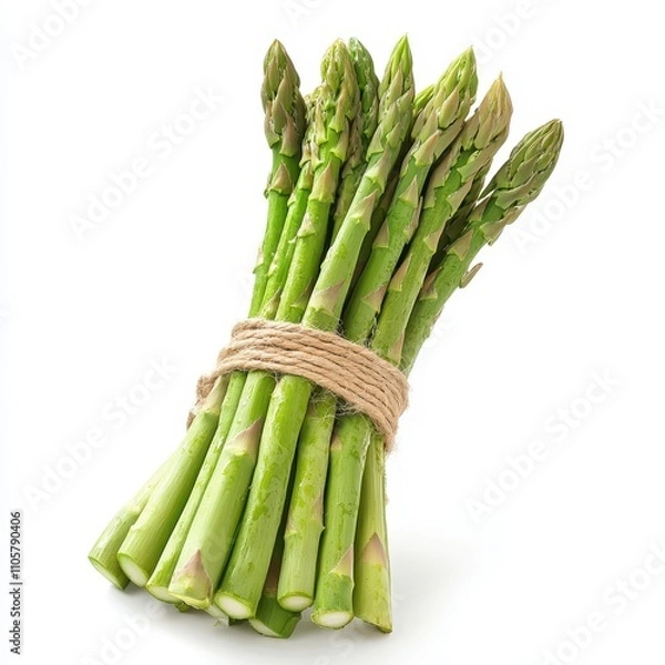 Fototapeta A fresh bundle of asparagus spears, detailed tips and vibrant green color, isolated on white background