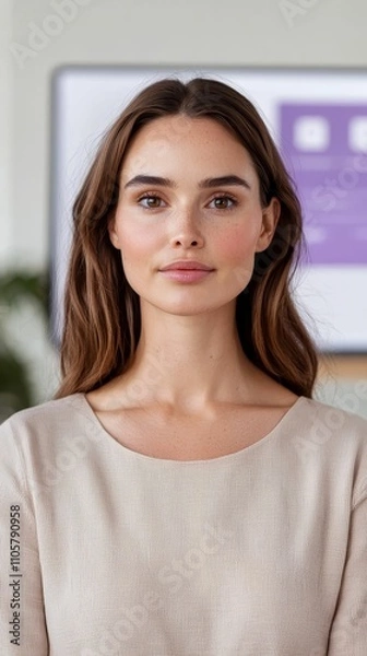Obraz cyberbullying privacy concept, A natural-looking woman with long, wavy hair poses confidently, wearing a textured light-colored top against a modern background.