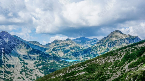 Obraz  Panorama of Popovo Lake and the prestigious peaks in the Pirin Mountains, Bulgaria.