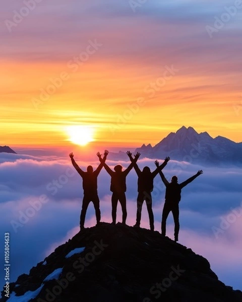 Fototapeta Quartet of hikers find inspiration on clouded peak