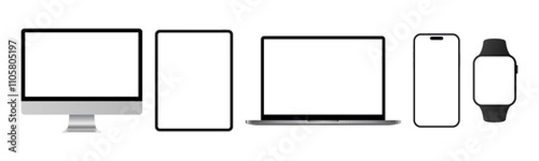 Fototapeta Apple iMac iPad Macbook iPhone 16 Pro Max and Watch Devices Mockup Template. Desktop Tablet PC Laptop Mobile Phone Smartwatch Realistic Modern Device Mockup Set Vector Illustration