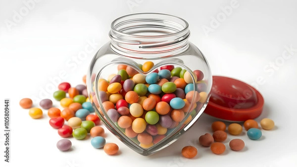 Fototapeta A heart-shaped jar filled with small colorful candies, isolated on white