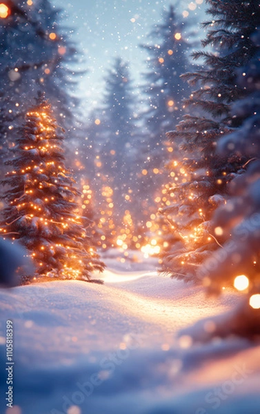 Fototapeta Peaceful winter landscape with gentle snowfall and snow covered pine and fir trees decorated with lights.