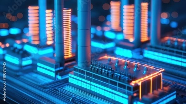 Fototapeta A vibrant, futuristic representation of industrial structures with glowing elements, showcasing a blend of technology and energy production.