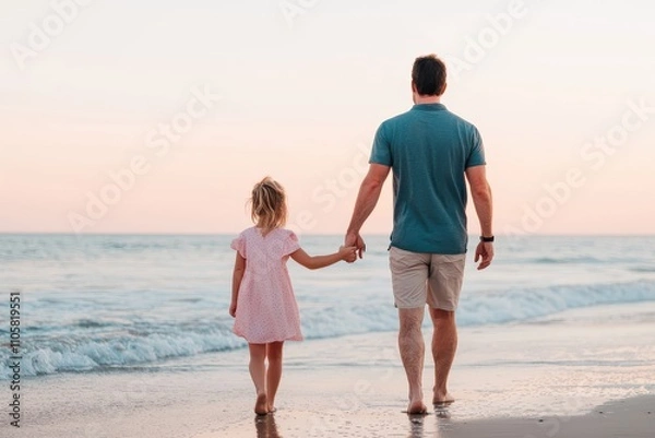 Fototapeta Father and daughter holding hands, walking along a peaceful beach at sunset, waves softly crashing in the background, Realism, Photography, Golden Hour