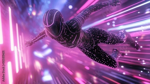 Fototapeta Dazzling descent of cyber figure in neon vortex