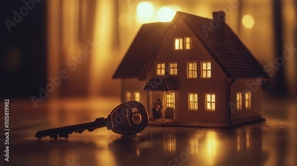Fototapeta Illuminated house model with key, signifying homeownership.
