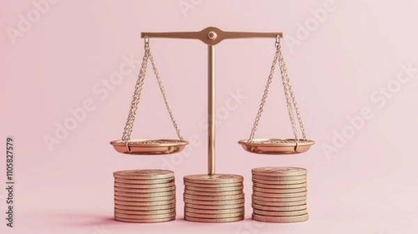 Fototapeta Elegant balance scales with gold coins arranged in stacks on a soft pink background, symbolizing financial equity, wealth management, and economic justice in finance-related imagery.