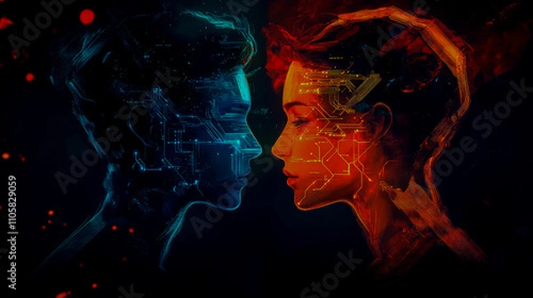 Fototapeta "A digital illustration of two human heads facing each other, showcasing intricate details and artistic design."