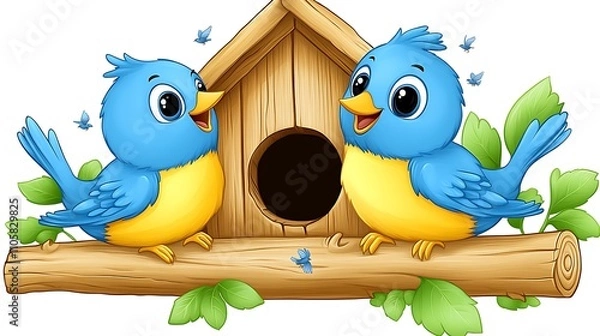 Obraz A clip art of a detailed wooden birdhouse with tiny birds flying around it on a white background