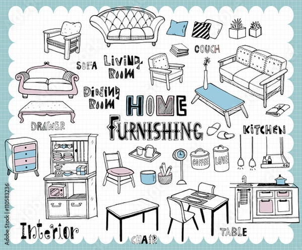 Fototapeta Hand drawn home furnishing set-Dining room and Living room