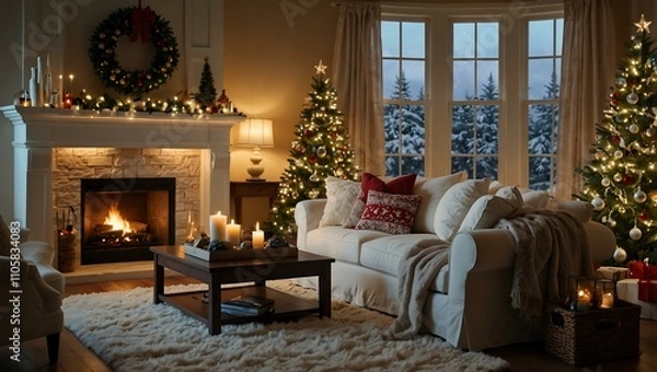 Fototapeta Cozy Christmas room with sparkling holiday decorations.