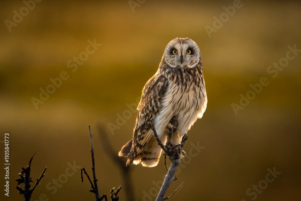 Obraz Short-eared owl looking into camera at sunrise, blurred background