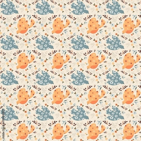 Fototapeta seamless background with flowers and birds