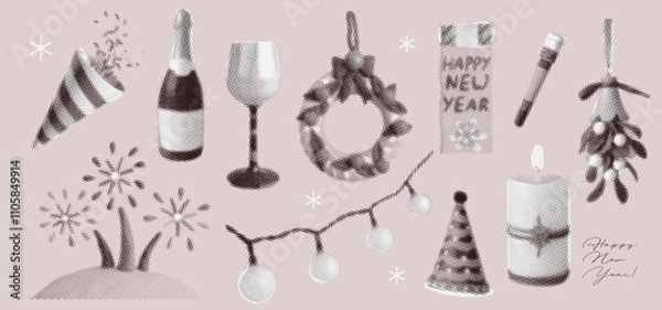 Fototapeta Christmas halftone collage dotted elements set. Various monochrome New Year stickers with vintage texture. Modern retro grunge mixed media vector illustration