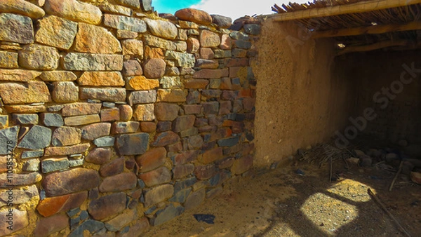 Fototapeta Remains of a stone-walled and mud cottage, Volmoersfontein campsite, Tankwa-Karoo National Park, Northern Cape, South Africa.
