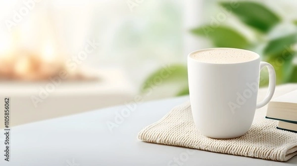 Fototapeta Warm milk in a cozy living room, placed on a side table with a book and glowing fireplace nearby