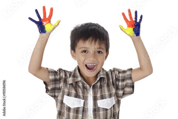 Obraz happy little boy with painted hands.