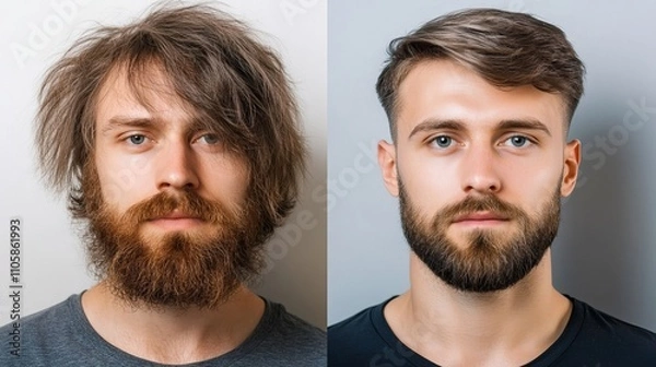 Fototapeta A before-and-after transformation of a Caucasian male with long, unkempt hair and beard on the left, versus a polished look on the right., contrast of hair style, comparison