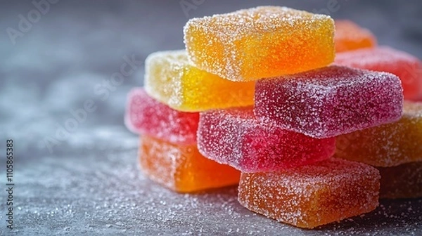 Fototapeta Stacked Colorful Fruit Gummies with Glossy Texture and Bright Hues on White Background