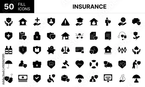 Obraz Collection of 50 insurance fill icons featuring editable strokes. These outline icons depict various modes of insurance, protection, assurance, medical care, safety, icon, 