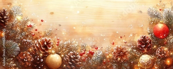 Fototapeta A festive arrangement of pinecones, ornaments, and greenery on a wooden background, evoking the warmth and joy of the holiday season.