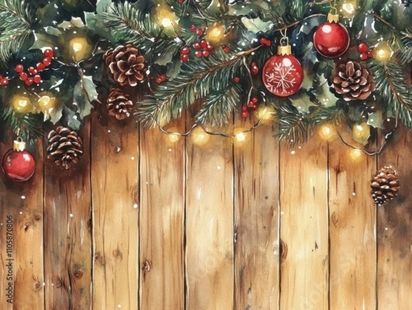 Fototapeta A festive arrangement of pine branches, ornaments, and pinecones draped over a rustic wooden background, creating a cozy holiday atmosphere.