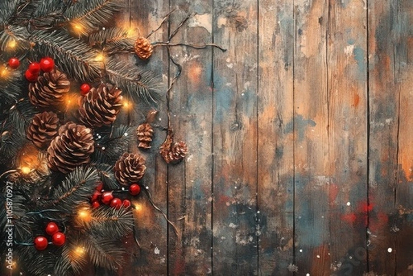 Fototapeta A festive arrangement featuring pinecones, red berries, and warm lights on a rustic wooden surface, perfect for holiday decor.