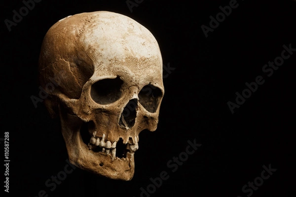 Obraz hand holding a skull is isolated on black background